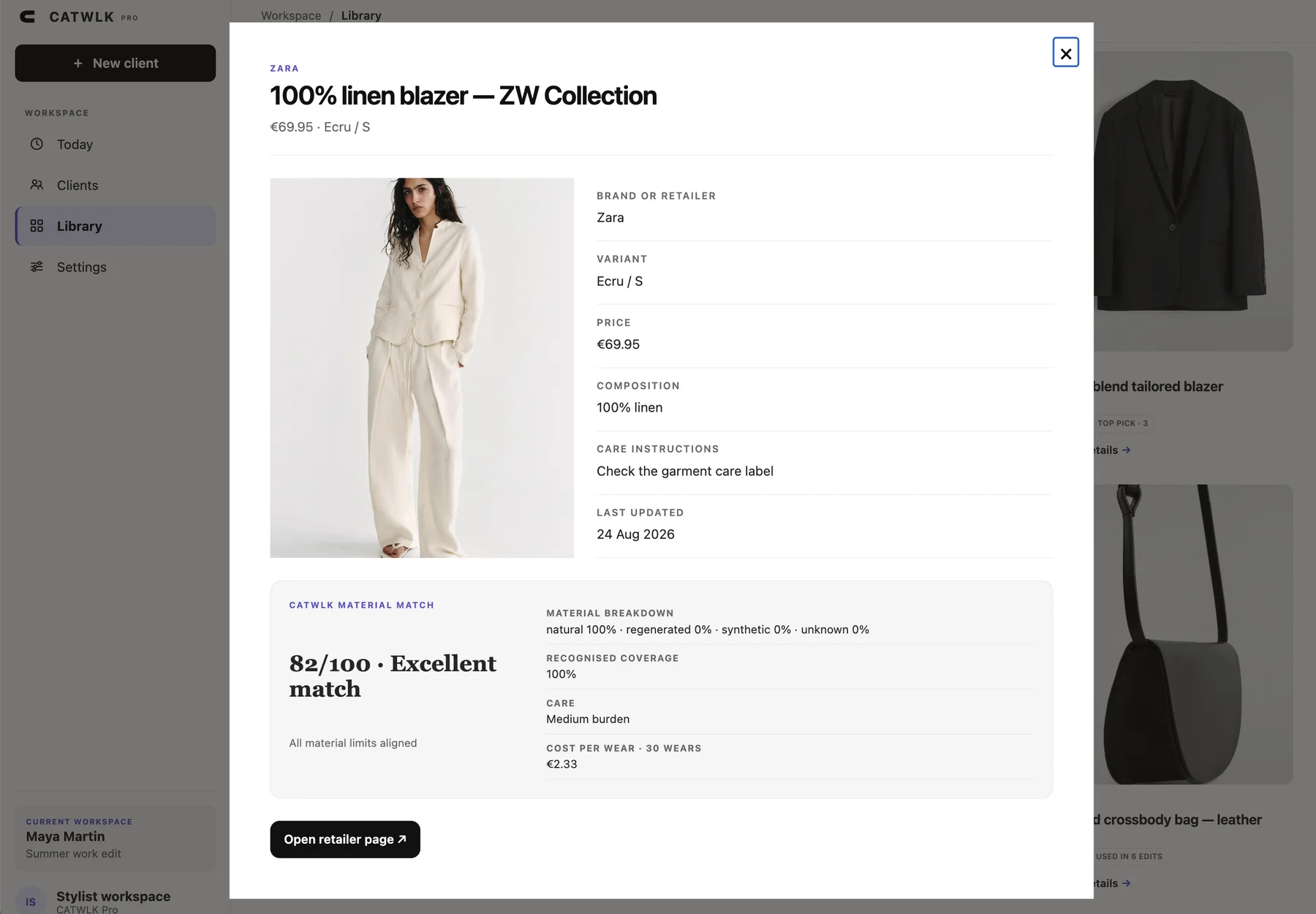 CATWLK product detail with retailer information, material match and cost per wear