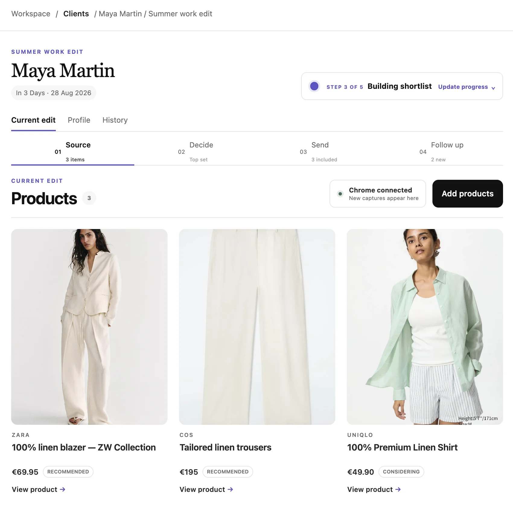 CATWLK Source view with three large product cards for Maya Martin's summer work edit