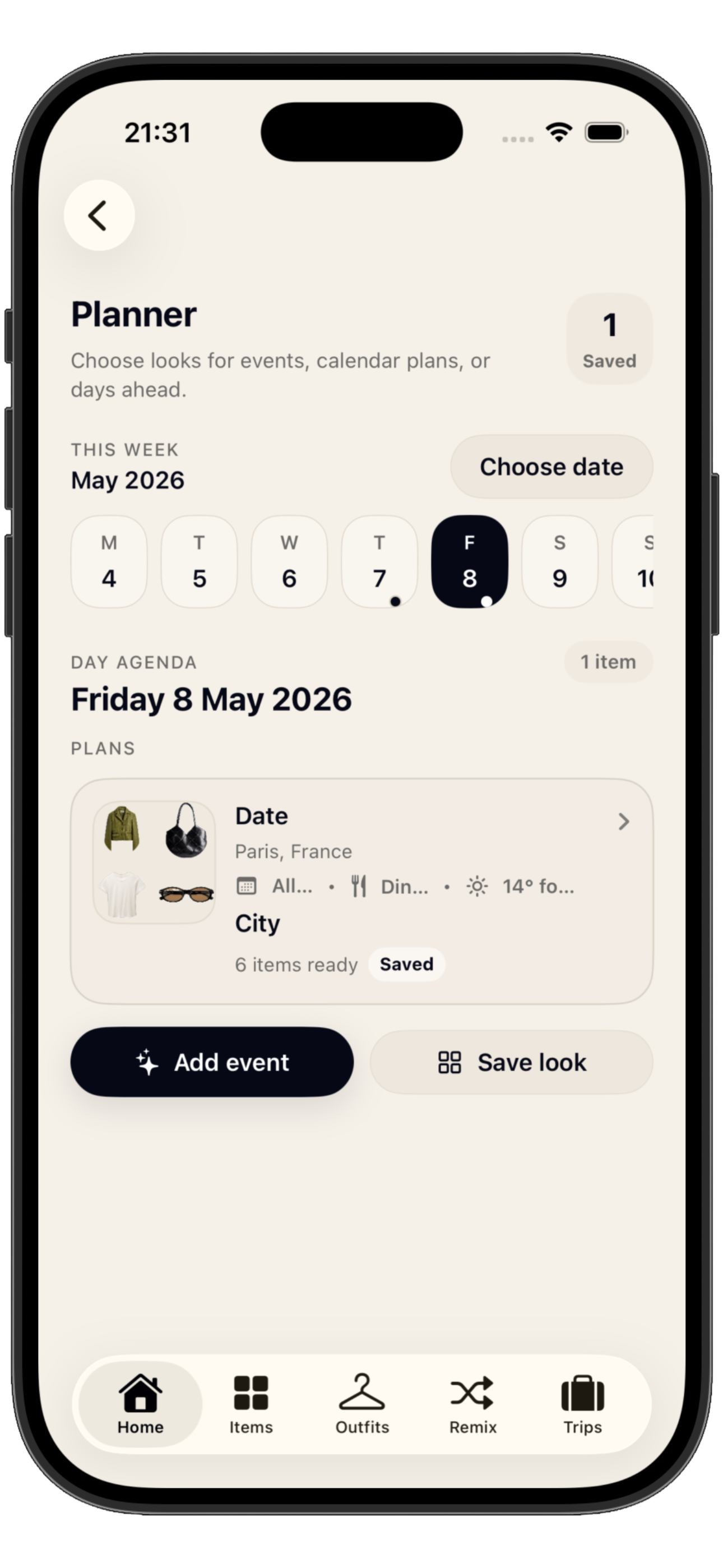 Event planner outfit recommendation marketing screen