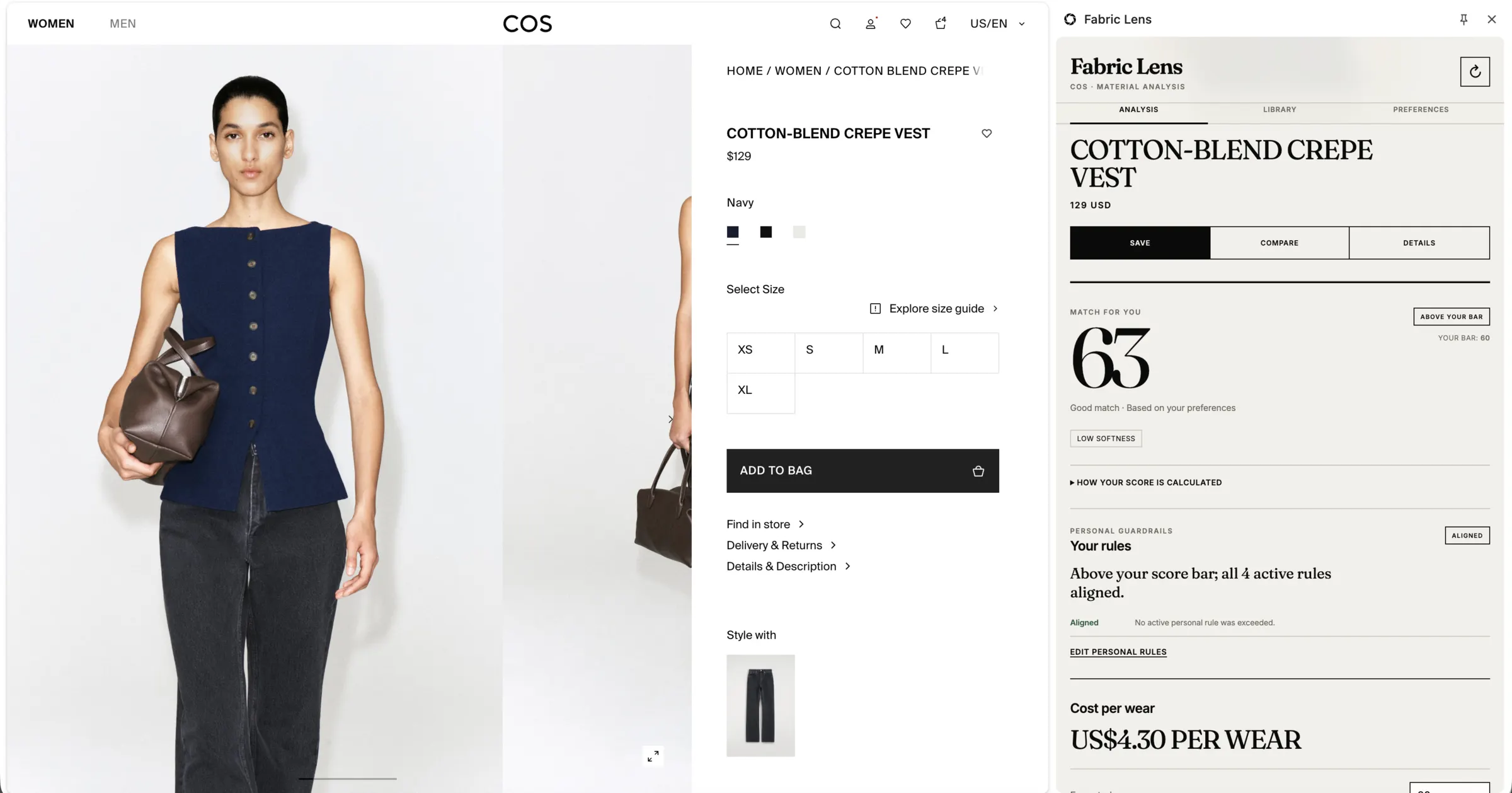 COS women's Cotton-blend Crepe Vest product page beside CATWLK showing a 63 match score and personal guardrails