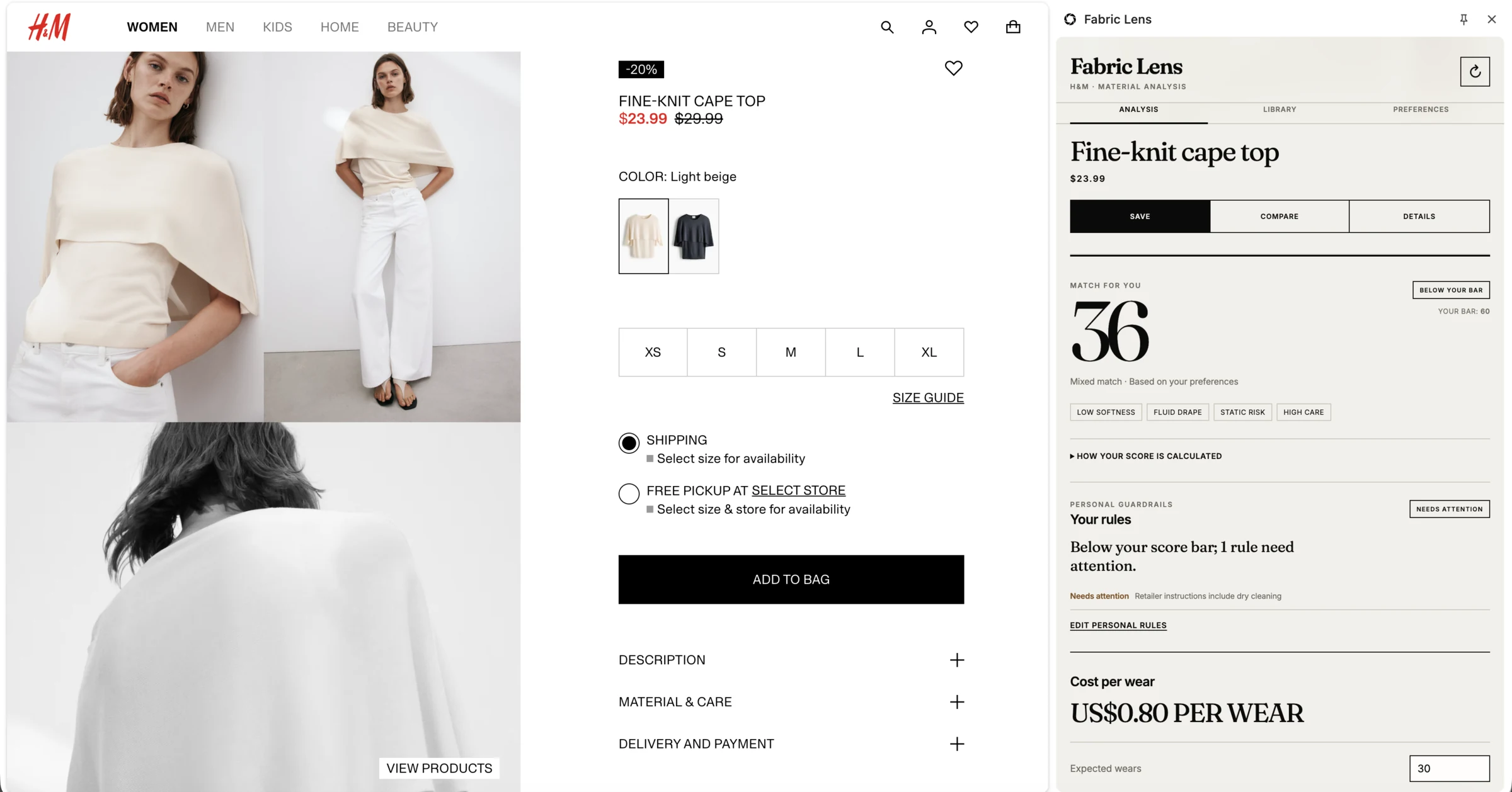 H&M women's Fine-knit Cape Top product page beside CATWLK showing a 36 match score and personal guardrails