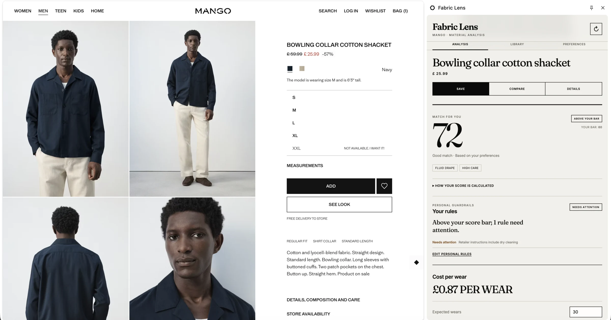 Mango men's Bowling Collar Cotton Shacket product page beside CATWLK showing a 72 match score and cost per wear