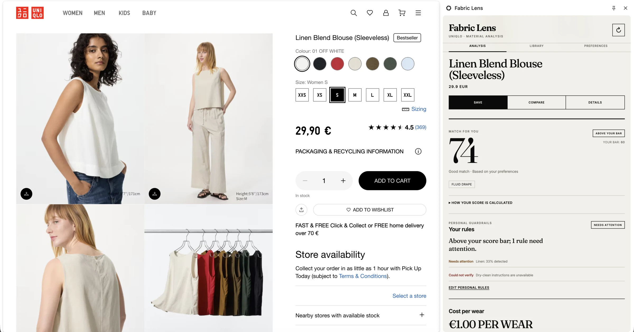 Uniqlo women's Linen Blend Blouse product page beside CATWLK showing a 74 match score and personal guardrails