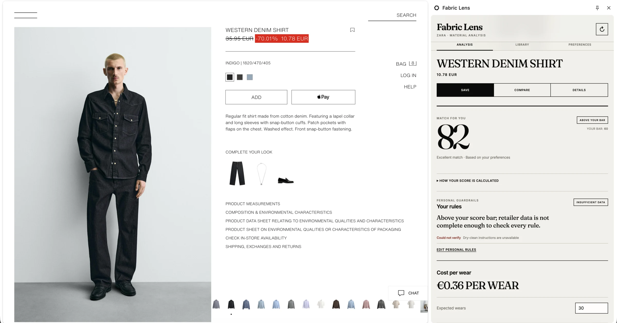 Zara men's Western Denim Shirt product page beside CATWLK showing an 82 match score and cost per wear