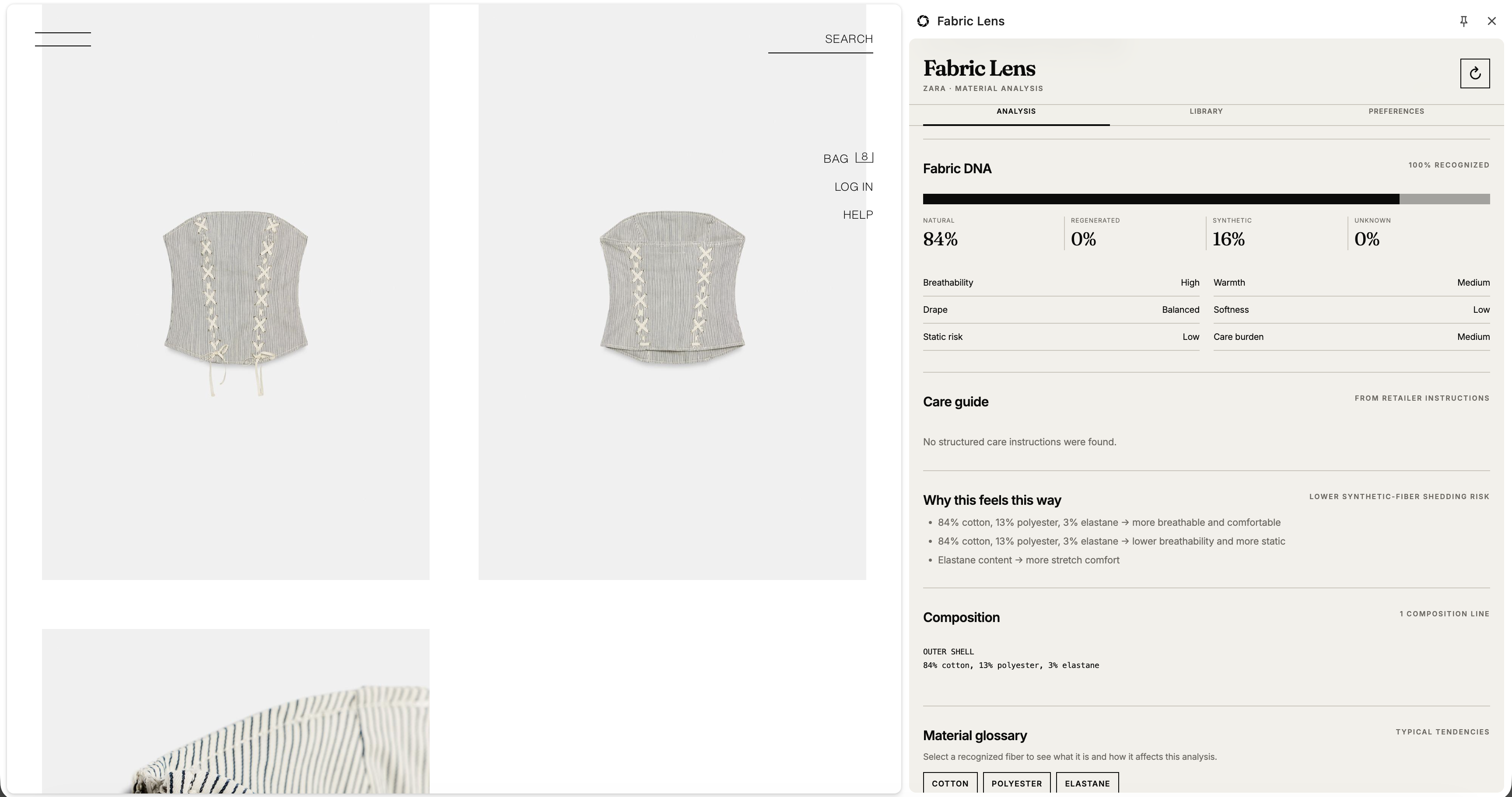 CATWLK showing Fabric DNA, care guide, composition, and material glossary